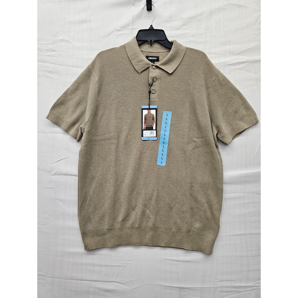 DKNY Mens Sweater Polo Shirt Tan Ribbed Short Sleeve Cotton DK35SR2402 NEW‎